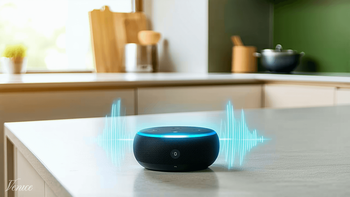 Smart speaker on a kitchen counter — voice search optimization for small business