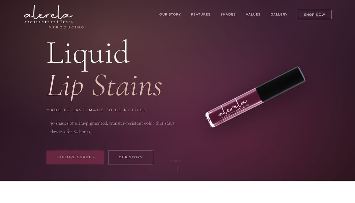 Alerela Cosmetics homepage — luxury liquid lip stain e-commerce site by Zorva Labs