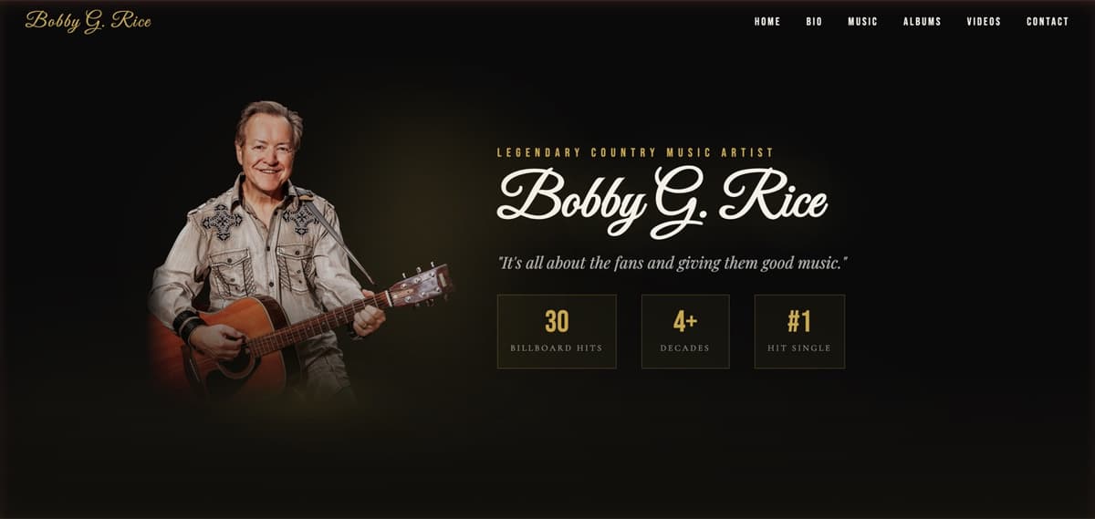 Bobby G. Rice homepage — country music artist website by Zorva Labs