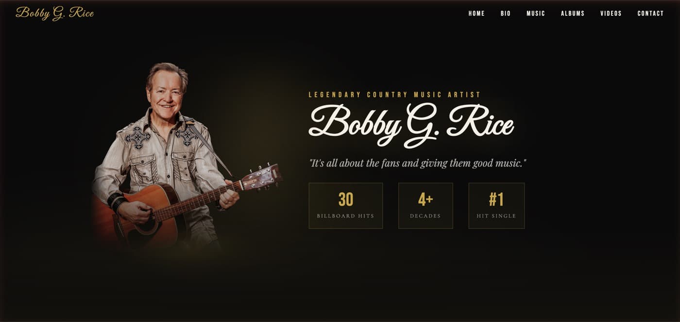 Bobby G. Rice homepage — country music artist website by Zorva Labs
