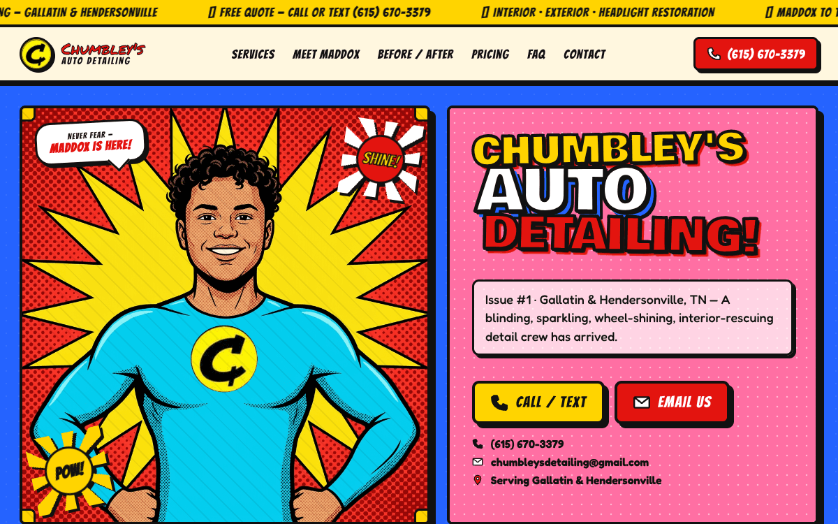 Chumbley's Auto Detailing homepage — comic-book themed Gallatin TN detailing site by Zorva Labs