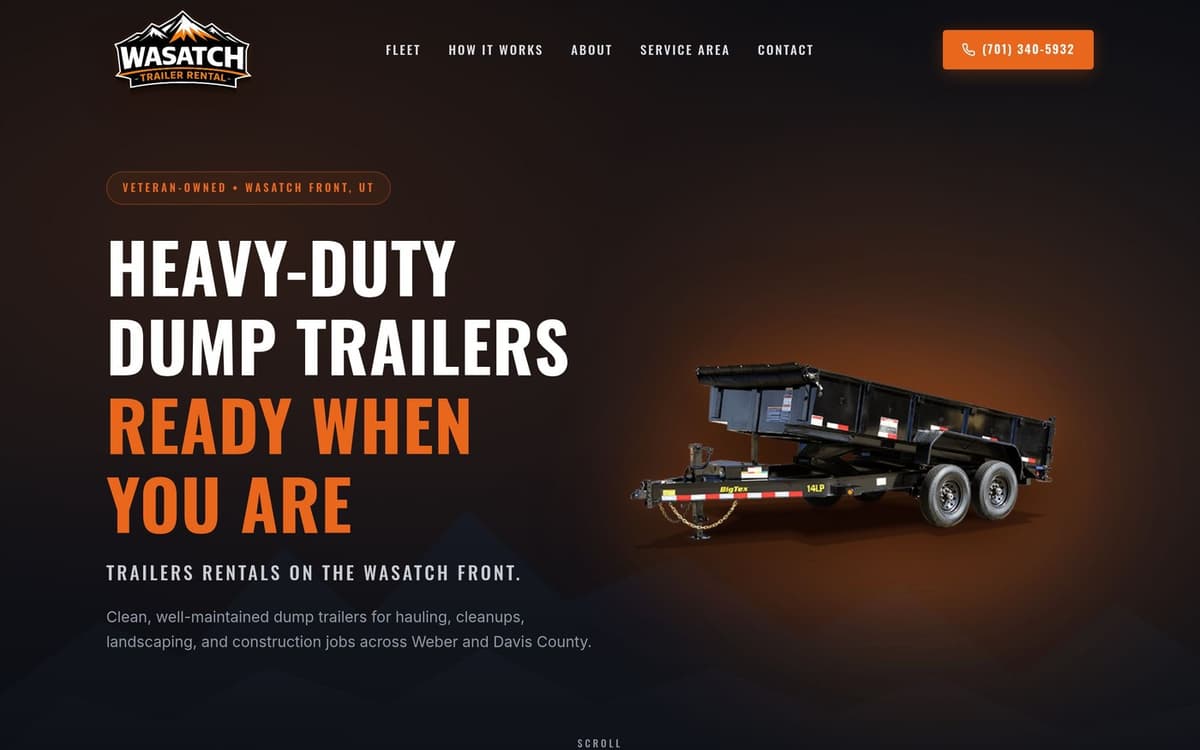 Wasatch Trailer Rental homepage — veteran-owned Utah trailer rental site by Zorva Labs