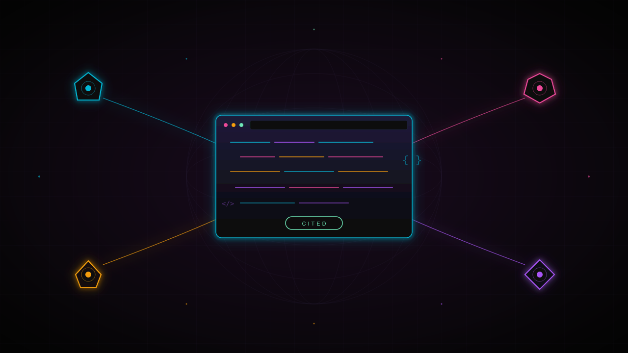 AI search citation concept — a central holographic browser pane connected by glowing arcs to four colored geometric AI-engine crystals (cyan, magenta, amber, violet) representing ChatGPT, Claude, Perplexity, and Google AI, with a CITED badge below the pane.