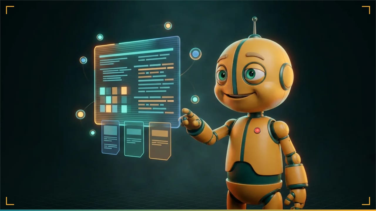 Zorva, the Zorva Labs bot, reading a holographic AI answer panel with its source cards (illustration)