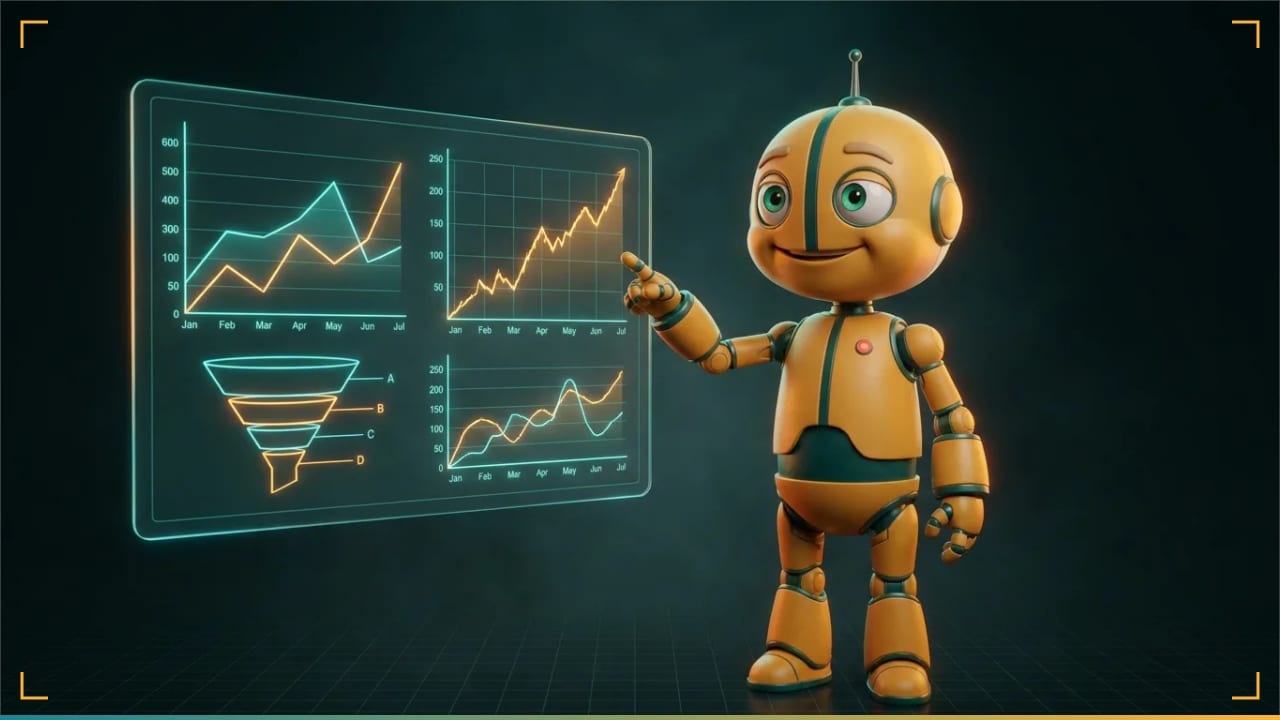 Zorva pointing at a rising line on a holographic dashboard (illustration)