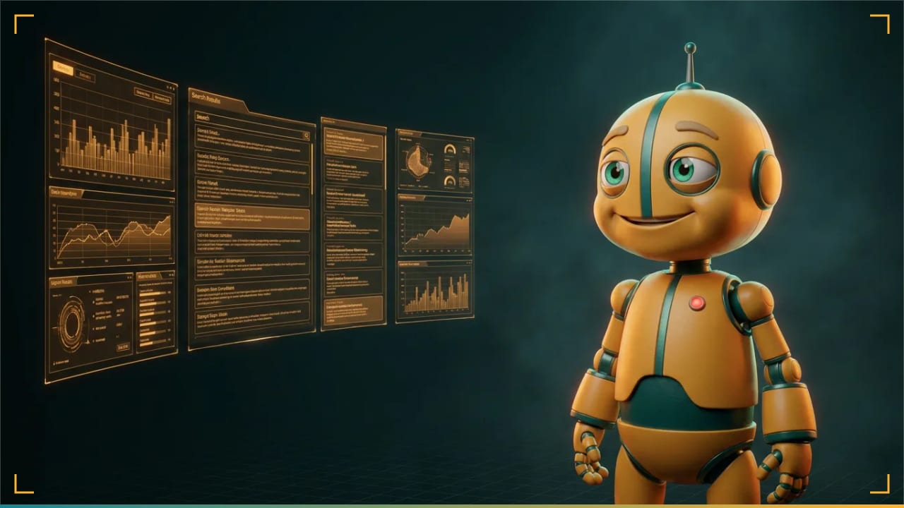 Zorva in a mission-control room of floating charts and search panels (illustration)