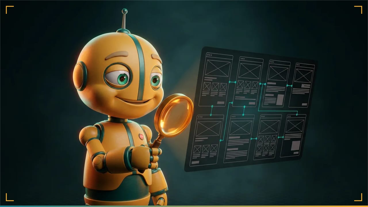 Zorva holding a glowing magnifier over a grid of web page wireframes (illustration)
