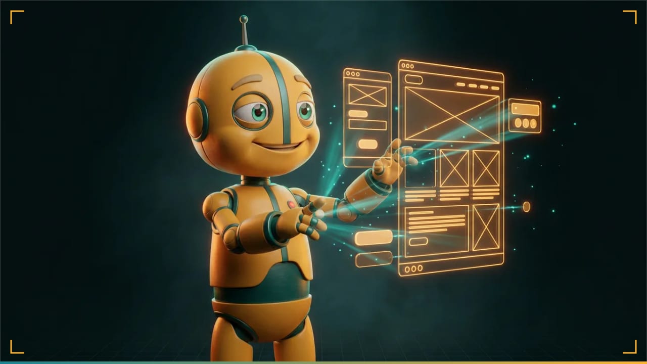 Zorva assembling a glowing website wireframe in mid-air (illustration)