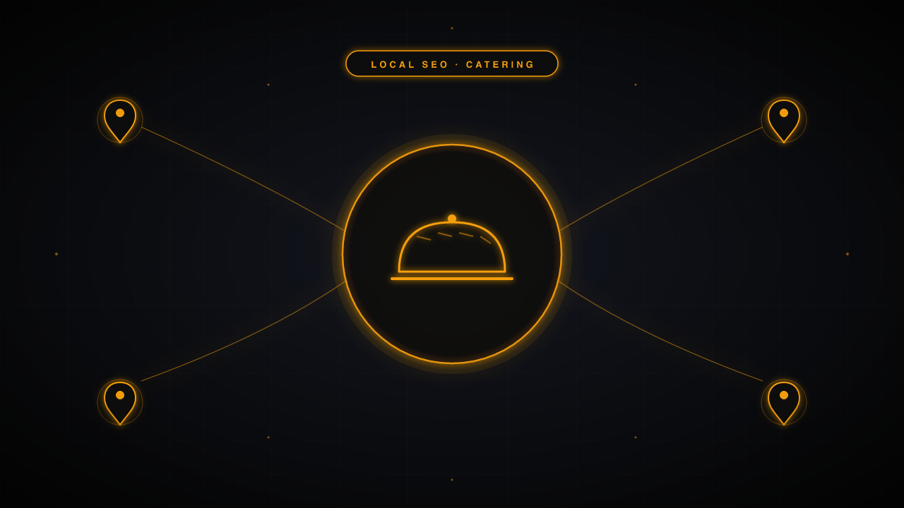 Catering service SEO concept — a serving tray with cloche, surrounded by map markers in amber on a dark navy background.