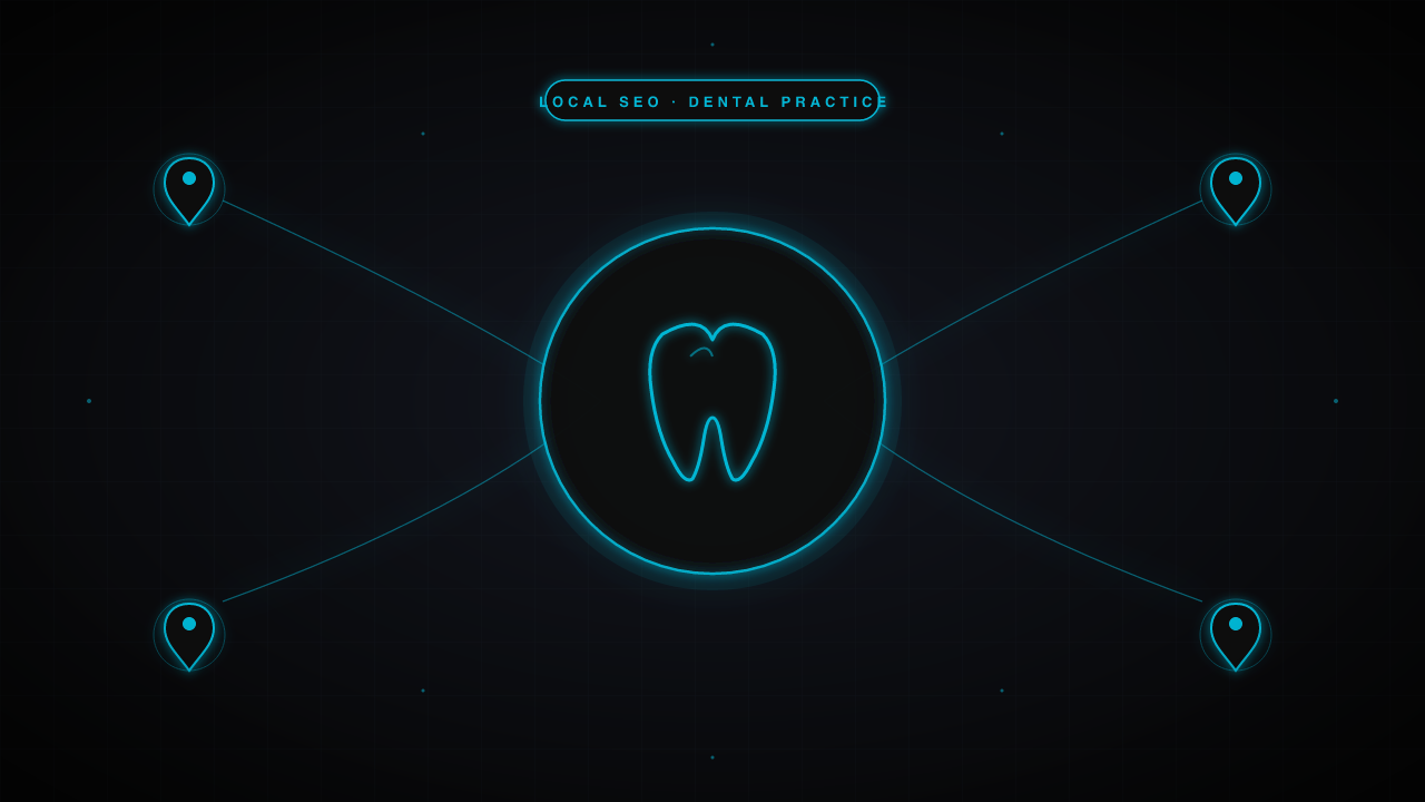 Dental practice SEO concept — a tooth silhouette, surrounded by map markers in cyan on a dark navy background.