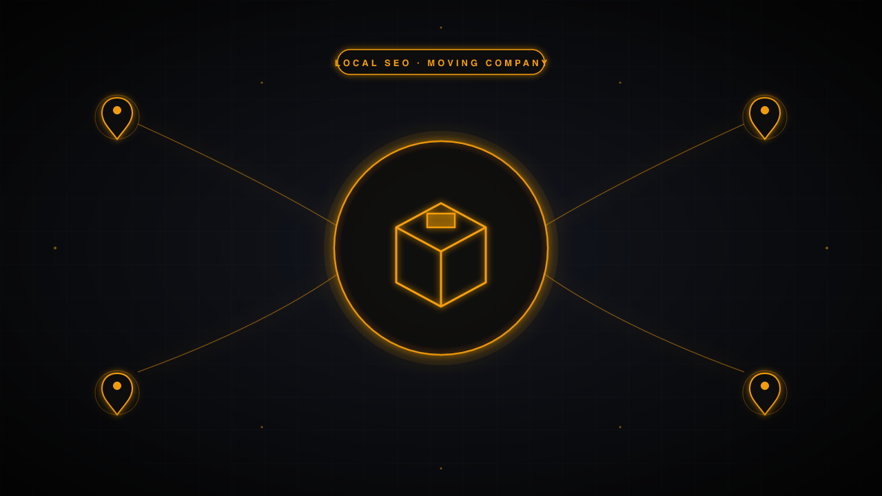 Moving company SEO concept — a cardboard moving box, surrounded by map markers in amber on a dark navy background.