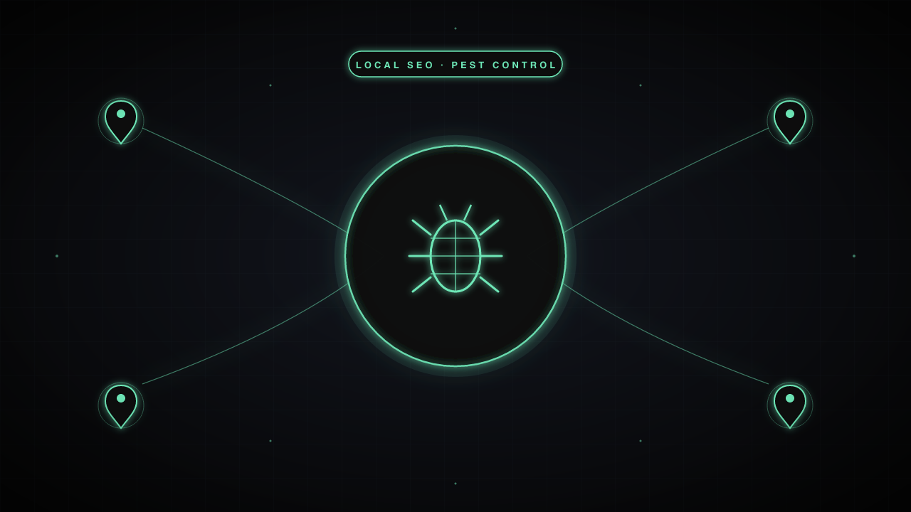 Pest control SEO concept — a stylized insect silhouette, surrounded by map markers in emerald on a dark navy background.