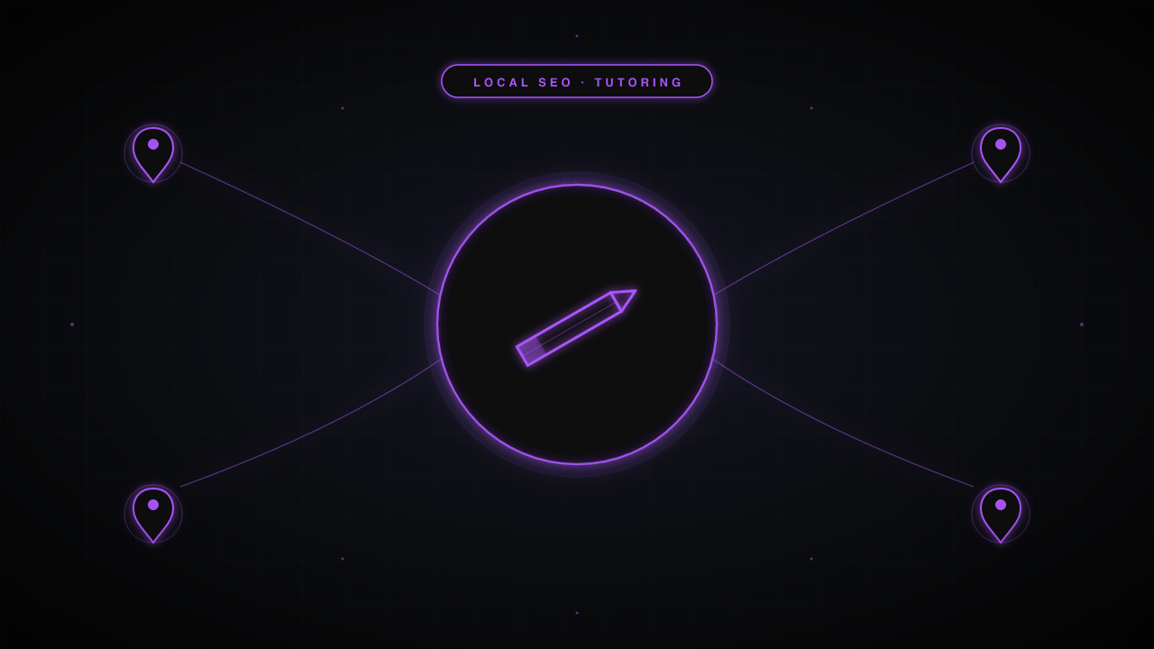Tutoring service SEO concept — a stylized pencil, surrounded by map markers in violet on a dark navy background.