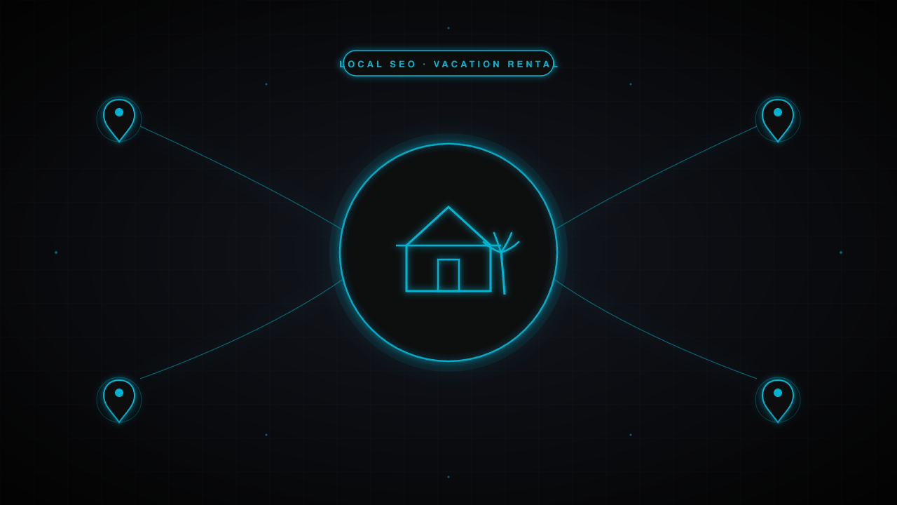 Vacation rental / Airbnb management SEO concept — a beach house with a palm tree, surrounded by map markers in cyan on a dark navy background.