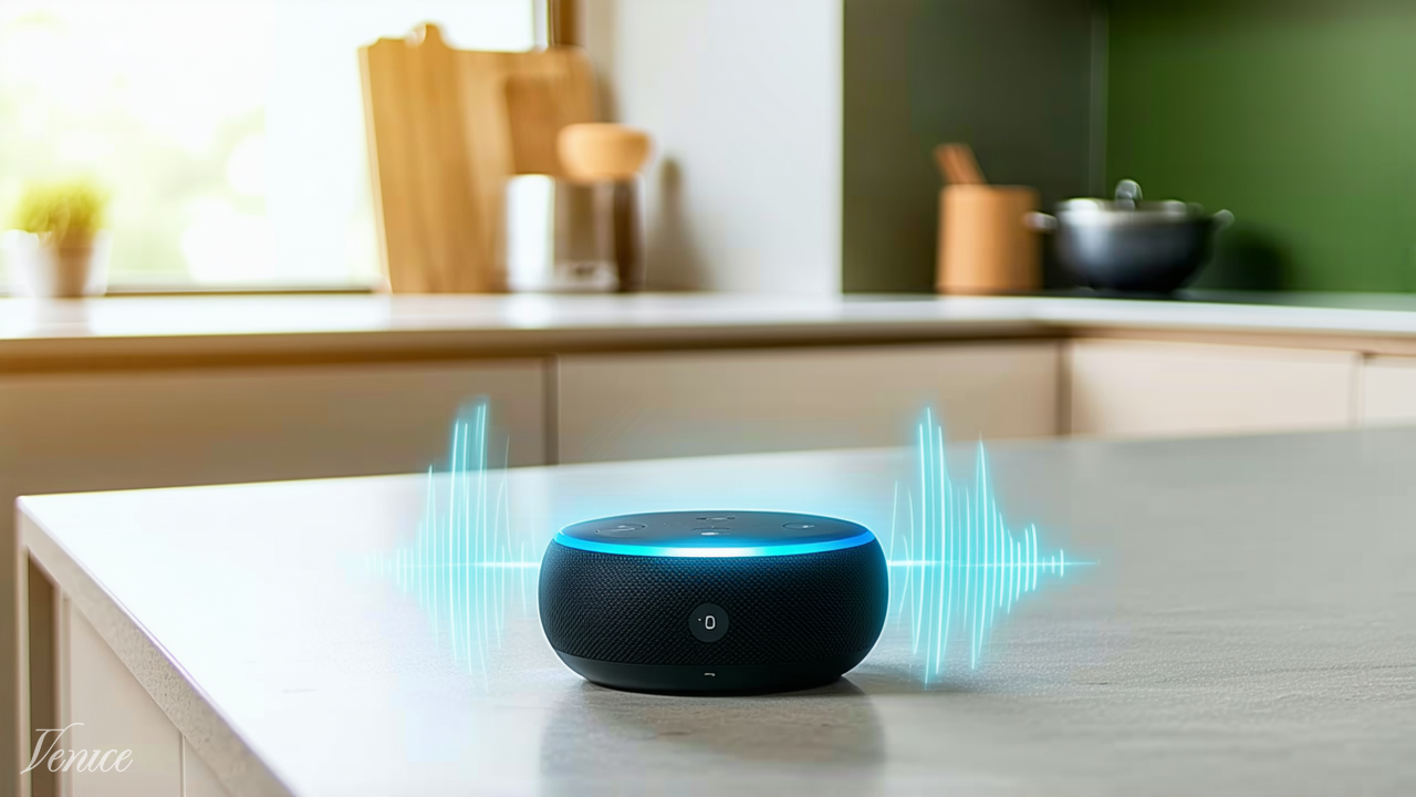 Smart speaker on a kitchen counter — voice search optimization for small business